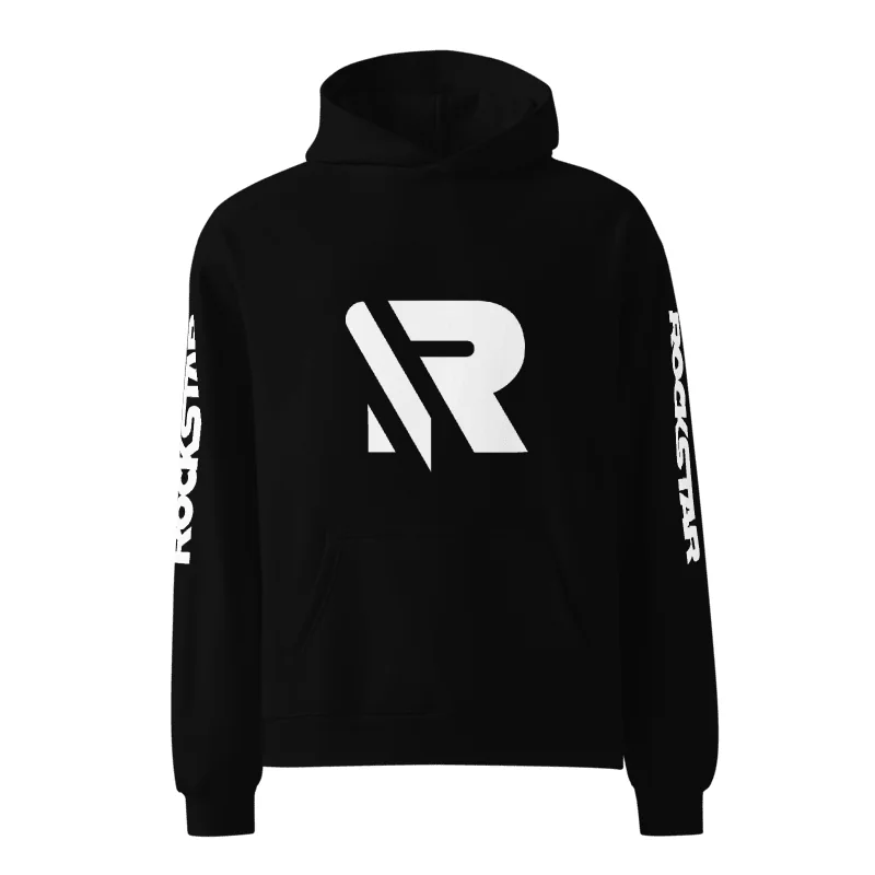 Black hoodie with white R mark and Rockstar sleeve print