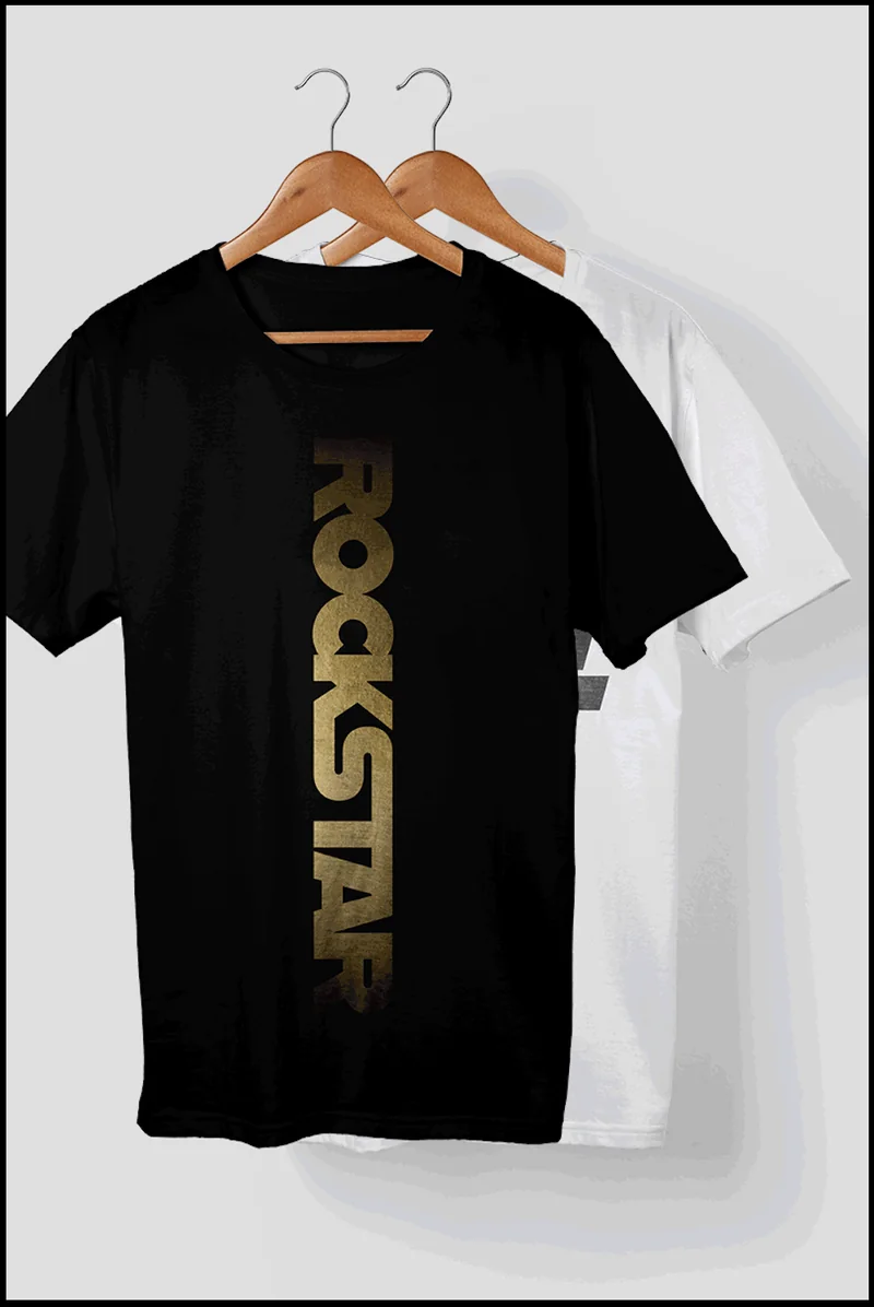 Black and white Rockstar T-shirts on wooden hangers
