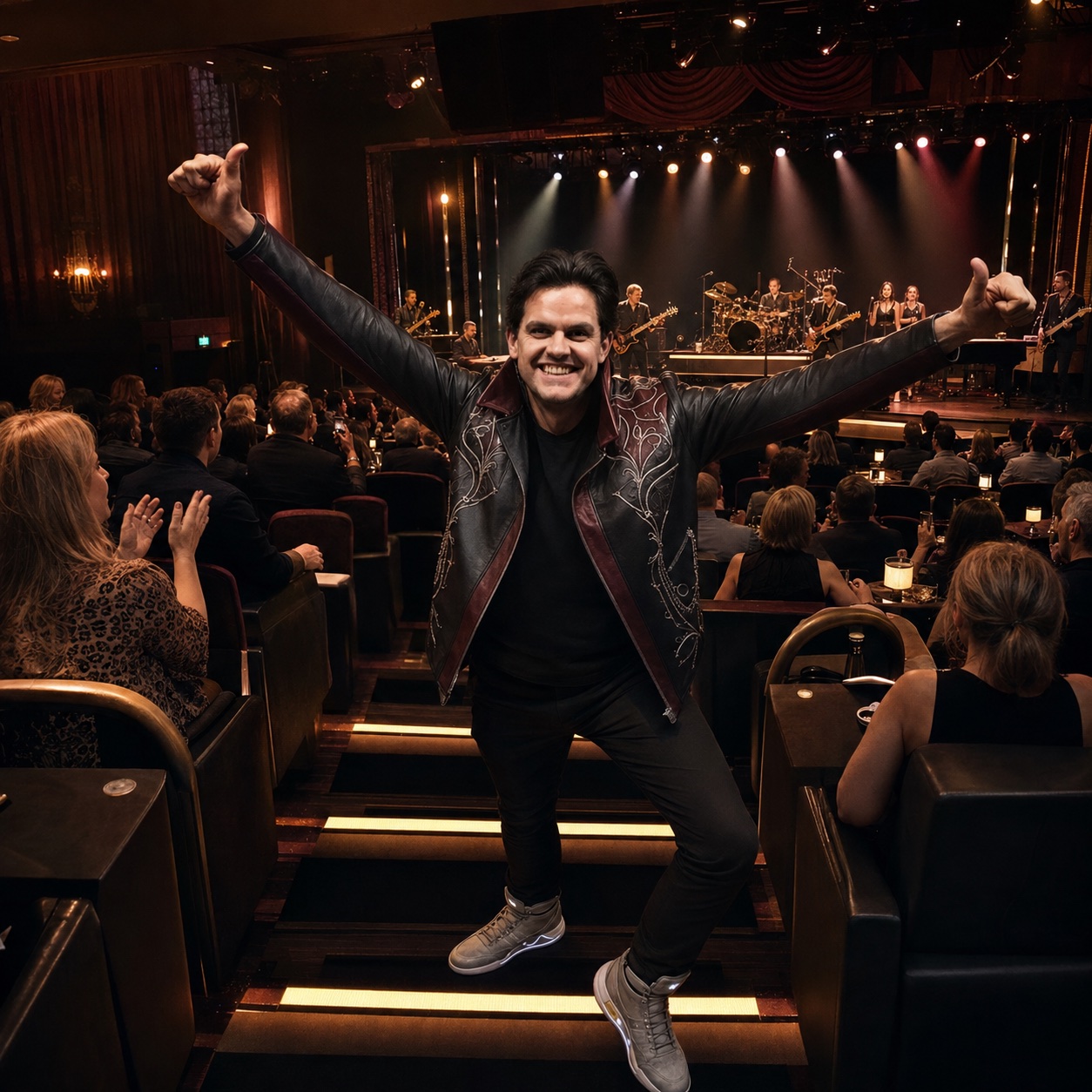 Chris Read celebrating with a live band and audience in a Las Vegas showroom
